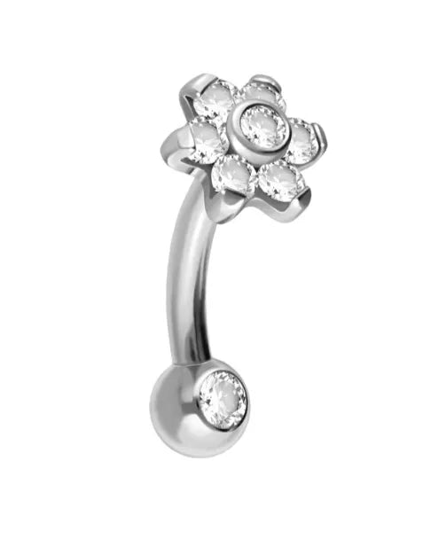 silver vertical labret jewelry with a dainty crystal flower