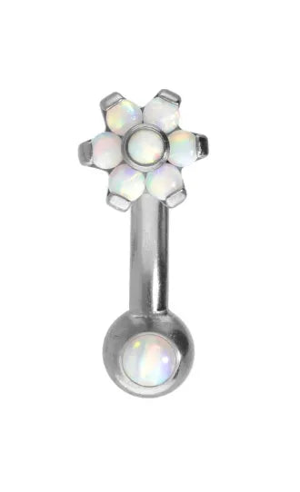 titanium eyebrow ring with a shiny opal flower