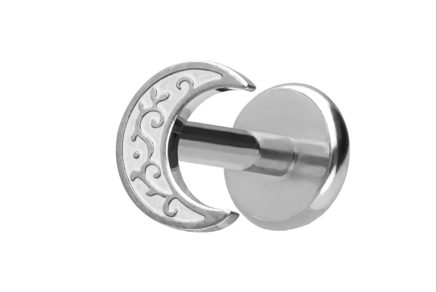 titanium flat back earring with a carved moon design