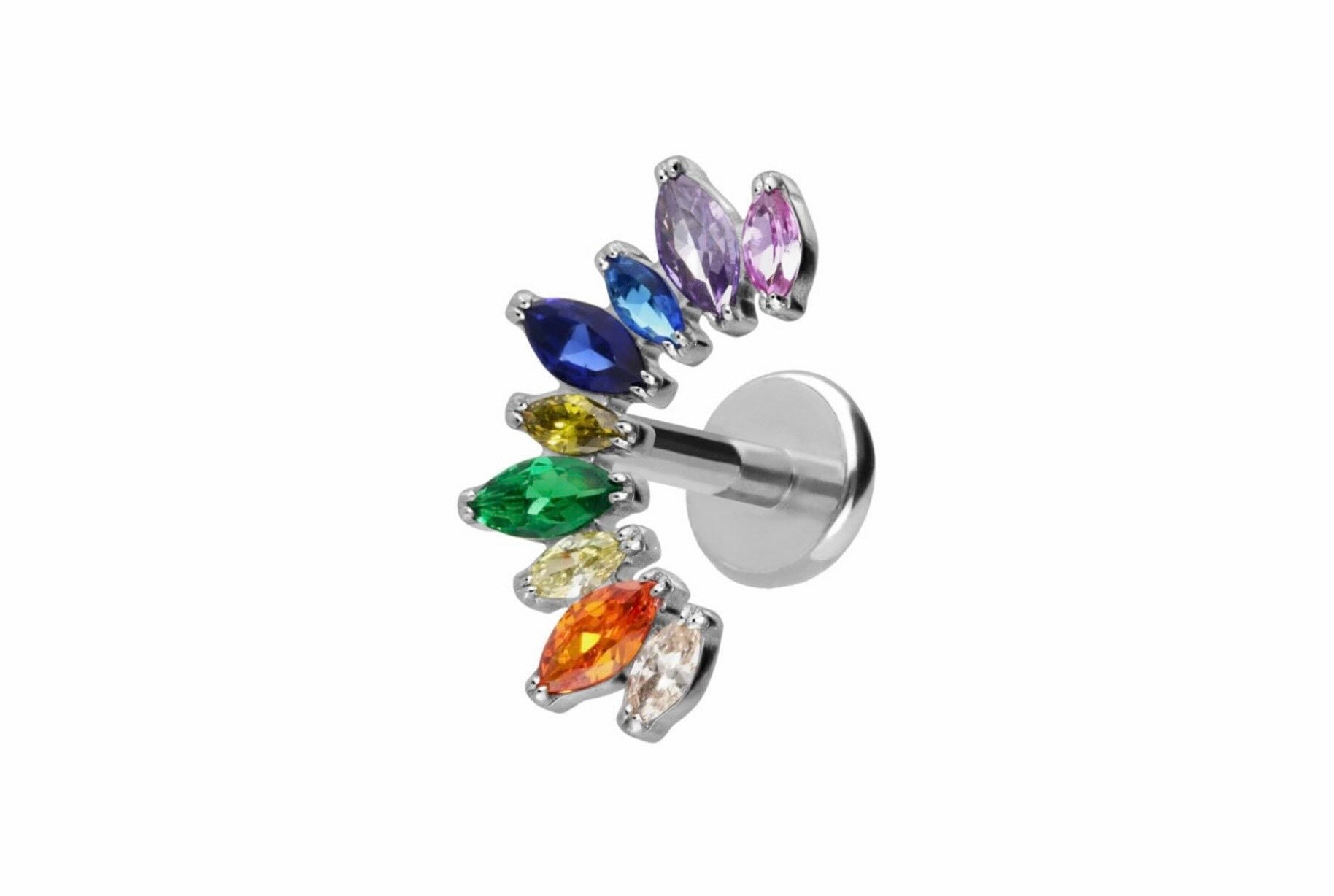 hypoallergenic flat back earring with a unique curved crystal design in blue, purple, orange and green