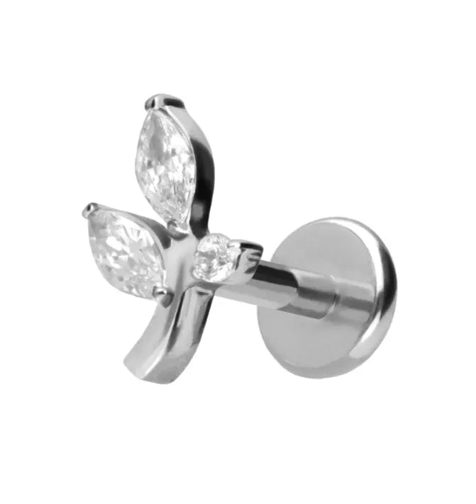 silver flat back earring for helix & tragus with a dainty crystal branch
