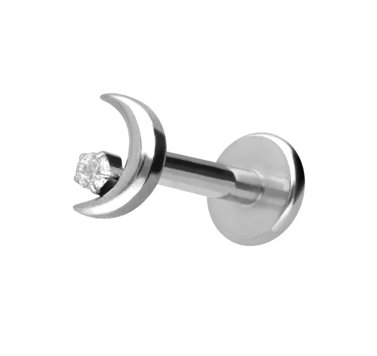 silver flat back earring with a dainty moon & tiny sparkle