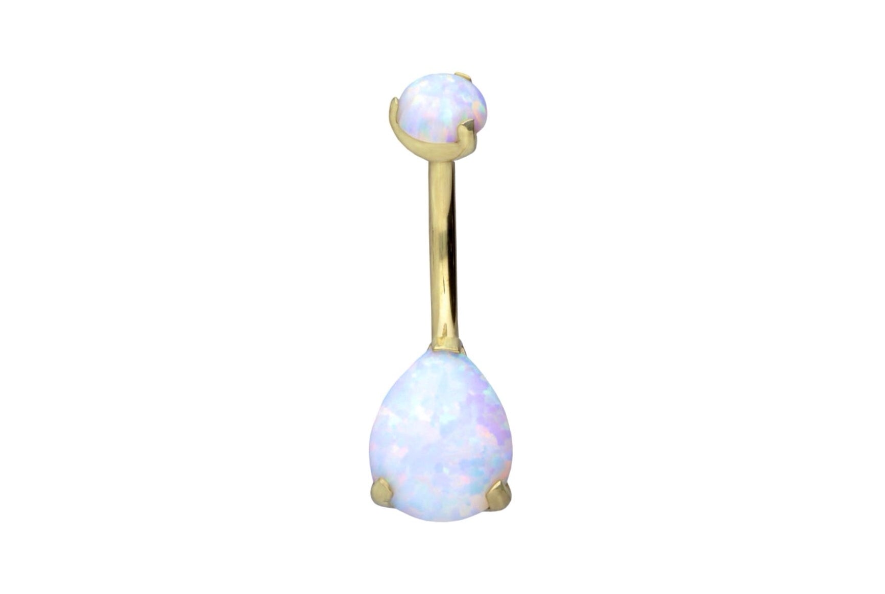 gold belly ring with a vibrant white opal drop