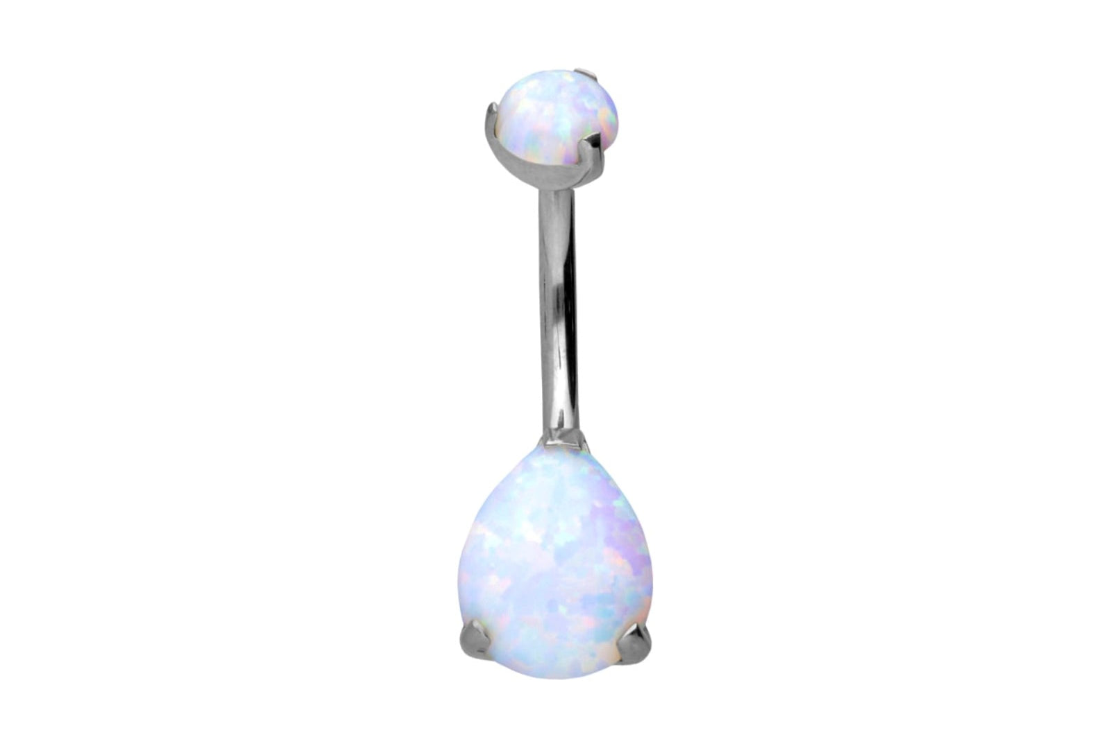 titanium belly ring with a vibrant white opal drop