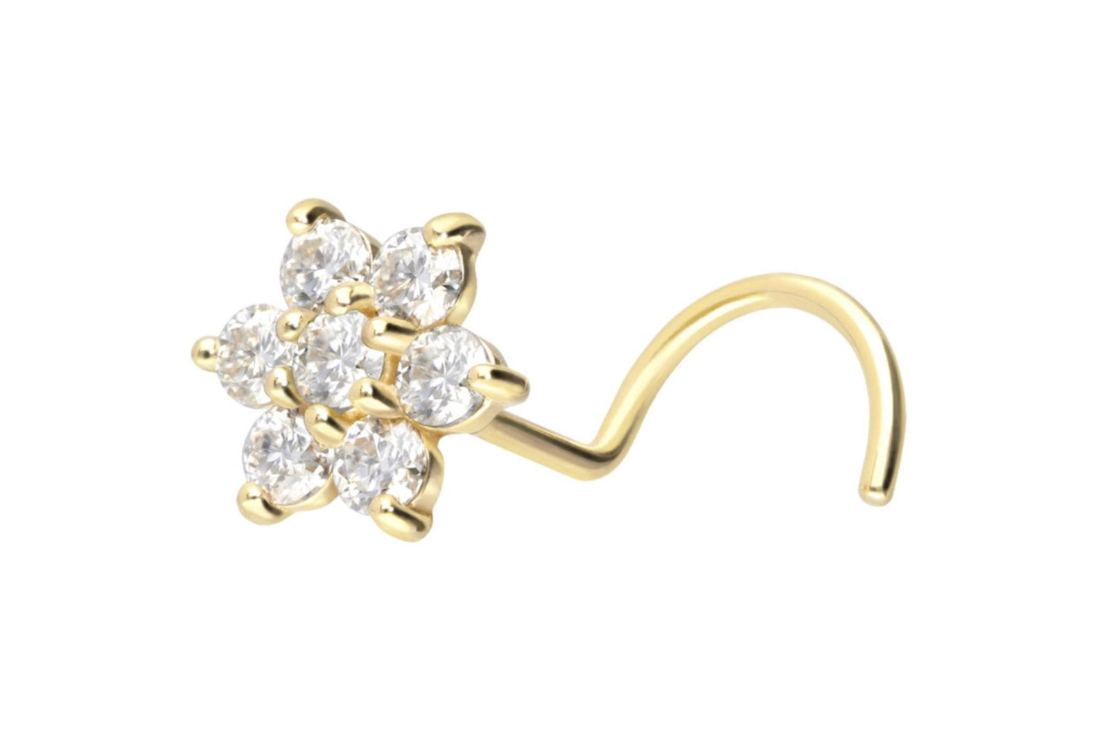 14 karat Gold Nose Ring Corkscrew - Moissanite Flower